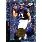 vinny testaverde 1998 score showcase one of one front Football player in purple jersey poses with a football card design, showcasing his team and athletic stance.