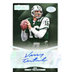 vinny testaverde 2015 donruss signature series lava flow NFL player trading card featuring a football player in Jets gear with autographed signature.