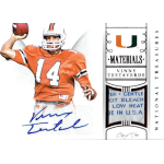vinny testaverde 2015 national treasures collegiate laundry tag signature Autographed Vinny Testaverde football card with jersey material from National Treasures collection.