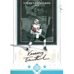 vinny testaverde 2018 panini majestic tier 1 platinum autograph Football card featuring a quarterback in a green and white uniform with signature and text.