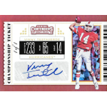vinny testaverde 2019 panini contenders draft picks championship ticket autograph Vintage football card of player in red jersey, helmet, and ball, featuring autograph and ticket design.