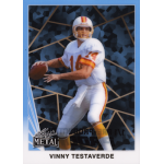 vinny testaverde 2024 leaf collective 1990 leaf clear light blue pre production proof Football player in white uniform holding a football, set against a geometric blue and black background, Leaf Metal card.