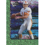 vinny testaverde 2024 leaf collective 2000 press pass green shimmer Football player in a white uniform prepares to throw a pass on a colorful textured sports card.