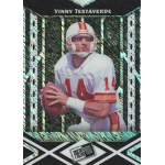 vinny testaverde 2024 leaf collective press pass black shimmer Quarterback in white uniform holding football, preparing to throw. Football card design with vintage aesthetic.