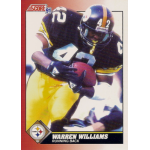 warren williams 1991 score 112 Running back in black and yellow football uniform holding a ball during a game, featured on a collectible card.