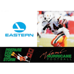 warren williams 1987 miami hurricanes pocket schedule Miami Hurricanes football player in action with Eastern logo. Text reads Prepare for the Storm and Miami Hurricane Football.