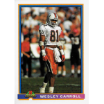 wesley carroll 1991 bowman rc Football player in orange uniform on a trading card, standing on a field, wearing a white helmet, number 81 jersey.