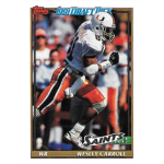 wesley carroll 1991 topps rc 1991 Topps Draft Pick football card featuring a player in white and red uniform, labeled Saints WR Wesley Carroll.