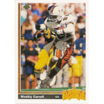 wesley carroll 1991 upper deck rc Football player wearing a white uniform runs with the ball on a trading card titled Star Rookie.