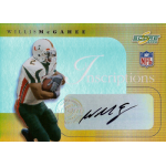 willis mcgahee 2003 score inscriptions autograph Football trading card featuring a player in white and green uniform holding the ball, with signature and NFL logo.