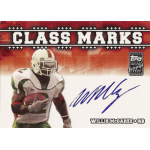 willis mcgahee 2003 topps class marks autograph Football player running with ball on a trading card with Class Marks header, featuring signature and team gear.