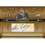 willis mcgahee 2006 playoff national treasures gold au Football card featuring the name Willis McGahee, with a signature and the number 21 on a decorative background.