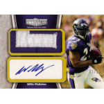 willis mcgahee 2010 topps unrivaled jumbo patch au Football trading card featuring jersey patch and autograph of athlete in purple and black uniform, labeled 01/15.