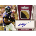 willis mcgahee 2010 topps unrivaled red patch au American football card featuring a player in action, jersey patch, and autograph.