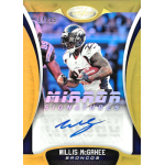 willis mcgahee 2018 certified mirror gold signatures Football card of player running with ball, Broncos uniform, Mirror Signatures edition, autograph visible.