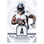 willis mcgahee 2012 national treasures century materials tags Football trading card featuring a Denver Broncos player wearing number 23 with a memorabilia patch labeled Century Materials.