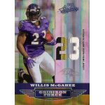 willis mcgahee 2008 playoff absolute memorabilia gridiron force prime jersey number NFL player trading card featuring a player in a purple jersey with number 23, marked Gridiron Force from Playoff series.