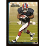 willis mcgahee 2003 bowman rc Football player in action on a trading card, wearing black and red uniform, holding a ball with a determined expression.