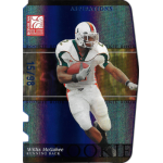 willis mcgahee 2003 donruss elite aspirations rc Football player holding a ball on a rookie card with metallic design. Miami uniform and helmet visible.