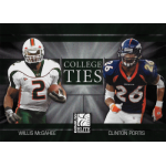 willis mcgahee 2003 donruss elite college ties rc Two football players in action on a College Ties card featuring Miami and Denver teams.