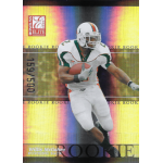 willis mcgahee 2003 donruss elite rc Football trading card featuring a player in action, wearing a white jersey with green and orange accents.