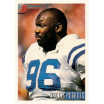 willis peguese 1993 bowman 187 Football player in a jersey with number 96, standing outdoors. Sports trading card with 'Bowman' logo.