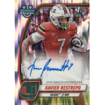 xavier restrepo 2024 bowman chrome university stealth refractor autograph Football trading card featuring player in Miami uniform with signature and #7 jersey, marked as Topps Certified.
