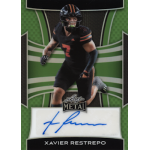 xavier restrepo 2025 leaf metal prismatic green autograph Football player card featuring athlete in black uniform with autograph, green background, Leaf Metal logo.