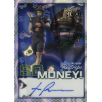 xavier restrepo 2025 leaf metal so money lava blue autograph Football player card with a jersey number 7, floating dollar bills, and a signature. Text reads SO MONEY!