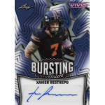 xavier restrepo 2025 leaf vivid bursting with talent lava blue autograph Football player card with vibrant design, featuring a player in black uniform and the text 'Bursting with Talent.'