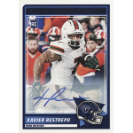 xavier restrepo 2025 score autograph Football trading card featuring a player in action, wearing a white uniform and helmet, holding a football.