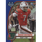 xavier restrepo 2024 bowman chrome university blue refractor Football player in red Miami Hurricanes uniform runs with the ball, Bowman Chrome card design.