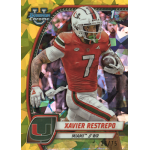 xavier restrepo 2024 bowman chrome university sapphire yellow refractor Football player in red uniform holding a ball, featured on a University of Miami sports card.