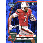 xavier restrepo 2024 bowman chrome university sapphire Football player in Miami uniform running with ball on Bowman Chrome card.