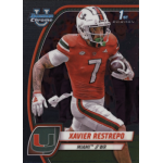 xavier restrepo 2024 bowman chrome university Football player in red Miami Hurricanes jersey holding a ball, running on a trading card featuring Xavier Restrepo.