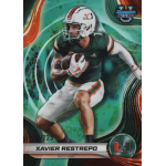xavier restrepo 2024 bowmans best university aqua refractor Football player in action on a colorful trading card, wearing green and orange uniform, holding a football.