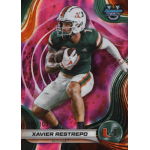 xavier restrepo 2024 bowmans best university pink refractor A football player in a green and orange uniform runs with the ball against a colorful, dynamic background.