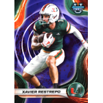 xavier restrepo 2024 bowmans best university purple refractor A football player in a Miami uniform running with a football on a colorful card background.