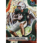 xavier restrepo 2024 bowmans best university speckle refractor Football player in green Miami uniform holding a ball on a sparkly trading card design.