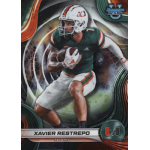 xavier restrepo 2024 bowmans best university Football player in green Miami Hurricanes uniform running with a football, featured on a collectible card.