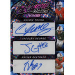xavier restrepo 2024 leaf vivid colorful combos trios crystal teal autograph Autographed sports card with signatures of Colbie Young, Jacolby George, and Xavier Restrepo, featuring vivid colors.