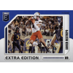 xavier restrepo 2025 elite extra edition blue rc Football player catching a pass during a game, featured on a trading card with Extra Edition and WR labels.