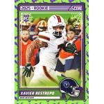 xavier restrepo 2025 score a treat bats rc Football trading card of wide receiver in action, titled 2025 Rookie, with green and purple design elements.