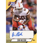 zion nelson 2022 pro set gold autograph Football player in uniform preparing on the field, Pro Set card design, signature on the card below.