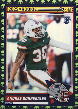 Football trading card featuring a kicker in a green uniform, labeled 2025 Rookie with a helmet graphic.