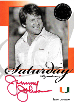 Signed sports memorabilia card with smiling coach, featuring 'Saturday Signatures' script and University emblem.