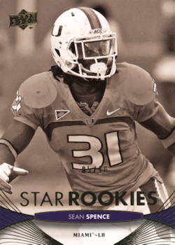 Football player in uniform, card labeled Star Rookies, depicted mid-action on a sepia-toned sports card.