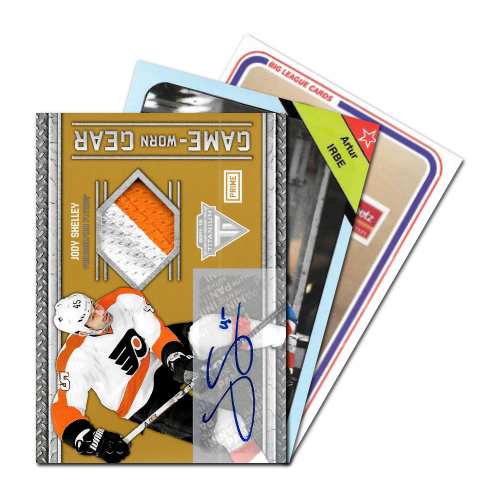 Hockey trading cards collection featuring a signed card with memorabilia patch.